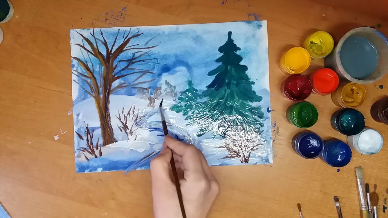 Зимний пейзаж красками для детей