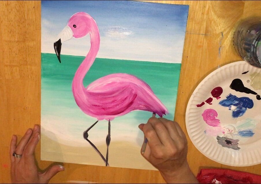 Фламинго красками акварелью
