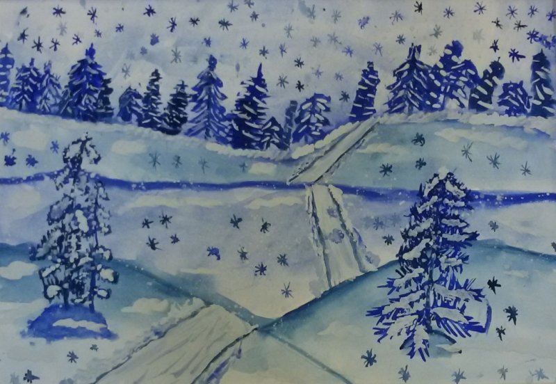 Зимний пейзаж детские рисунки красками