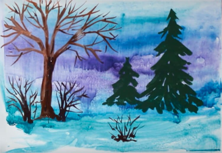 Зимний пейзаж рисование для детей