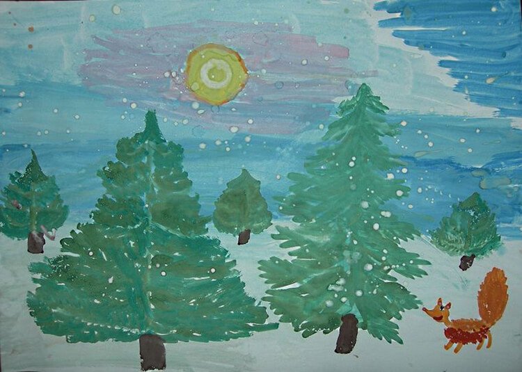Зимний лес красками для детей