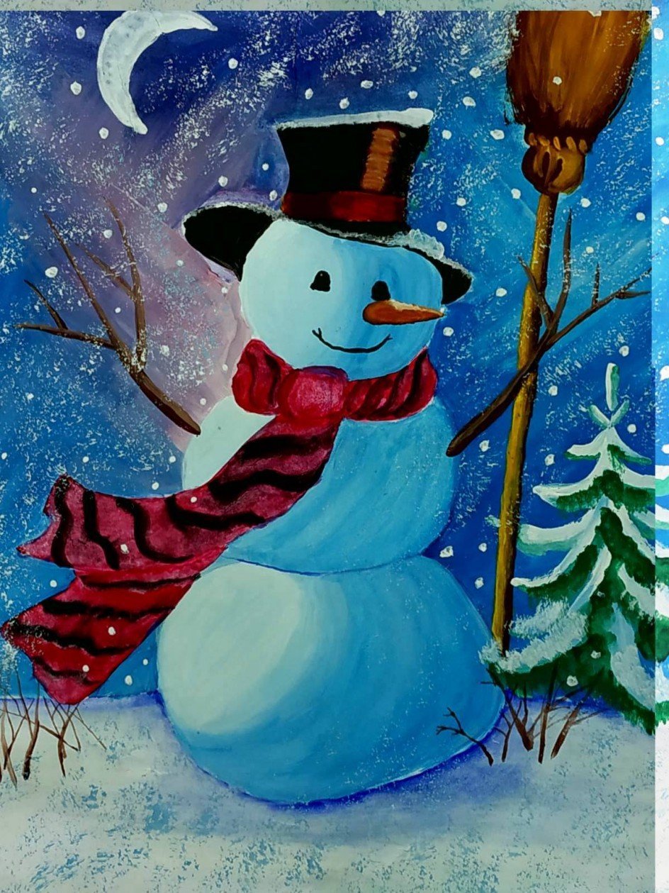 Снеговик рисунок для детей красками