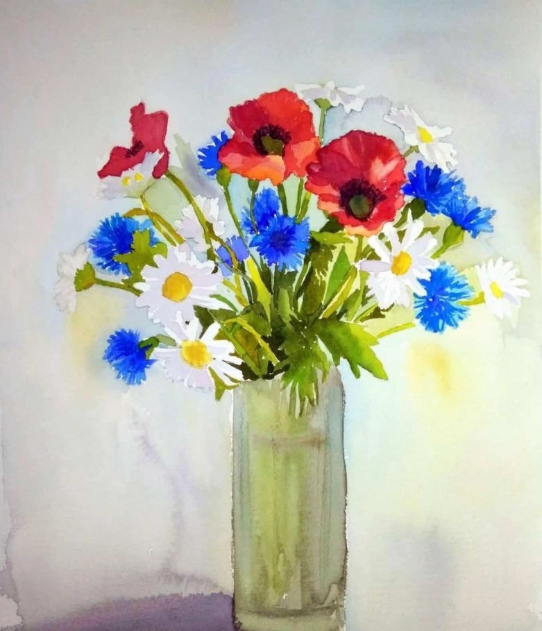 Цветы в вазе красками