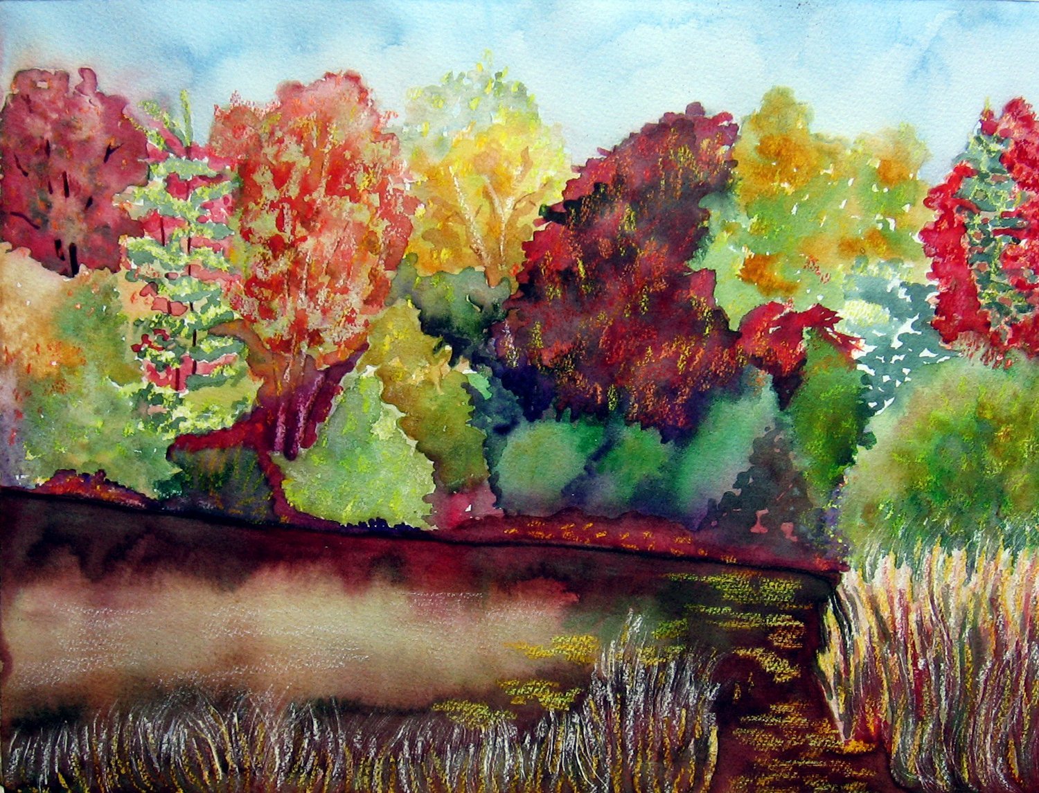 Осенний лес цветными карандашами