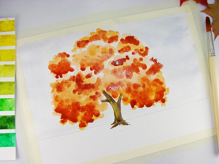 Рисование красками осеннее дерево