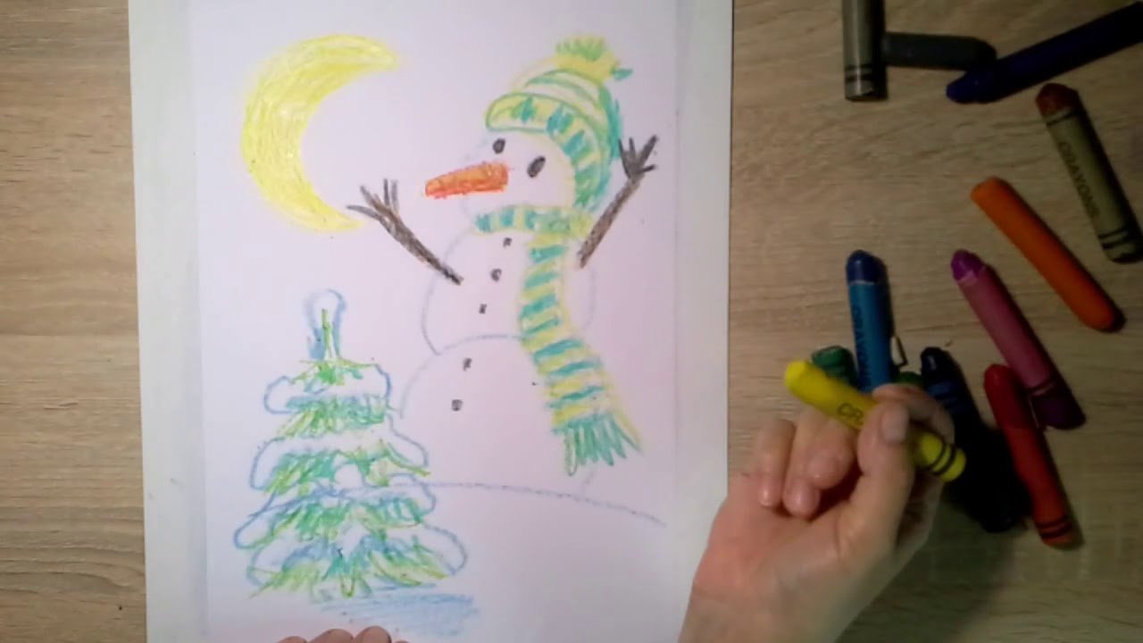 Рисование восковыми мелками Снеговик