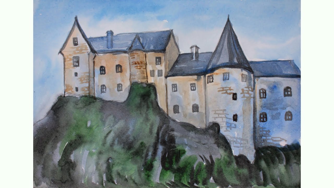 Средневековый замок акварель