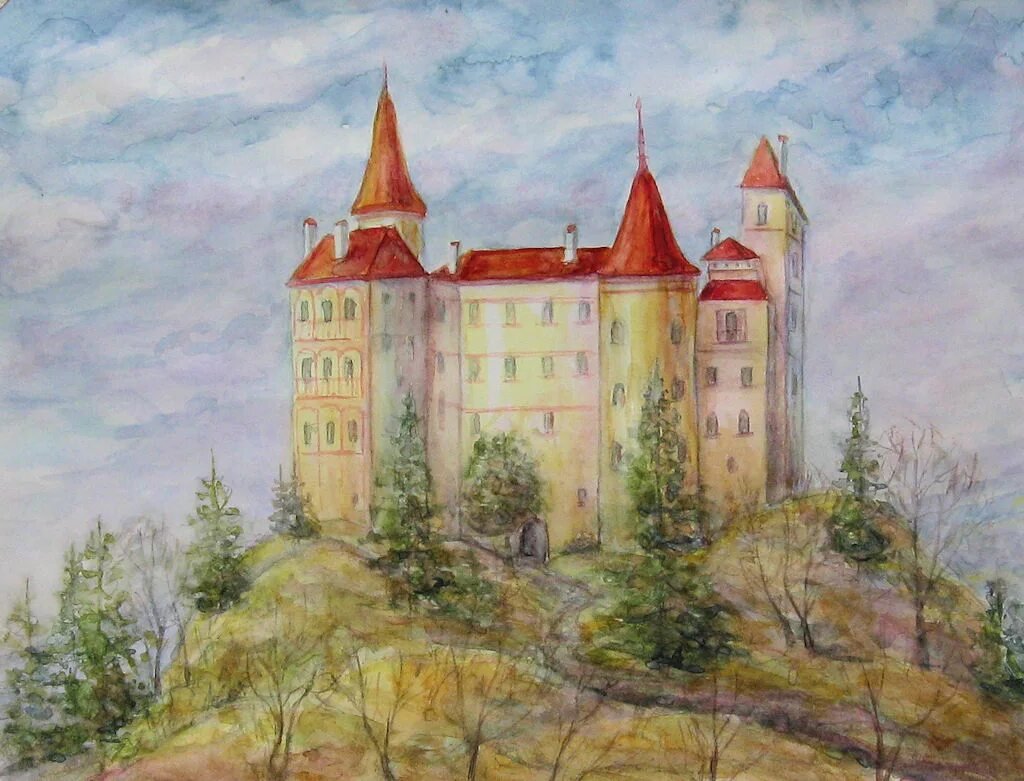 Замок цветными карандашами