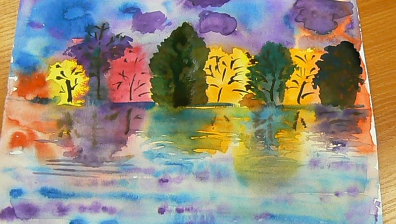 Осенняя пора пейзаж отражение в озере монотипия
