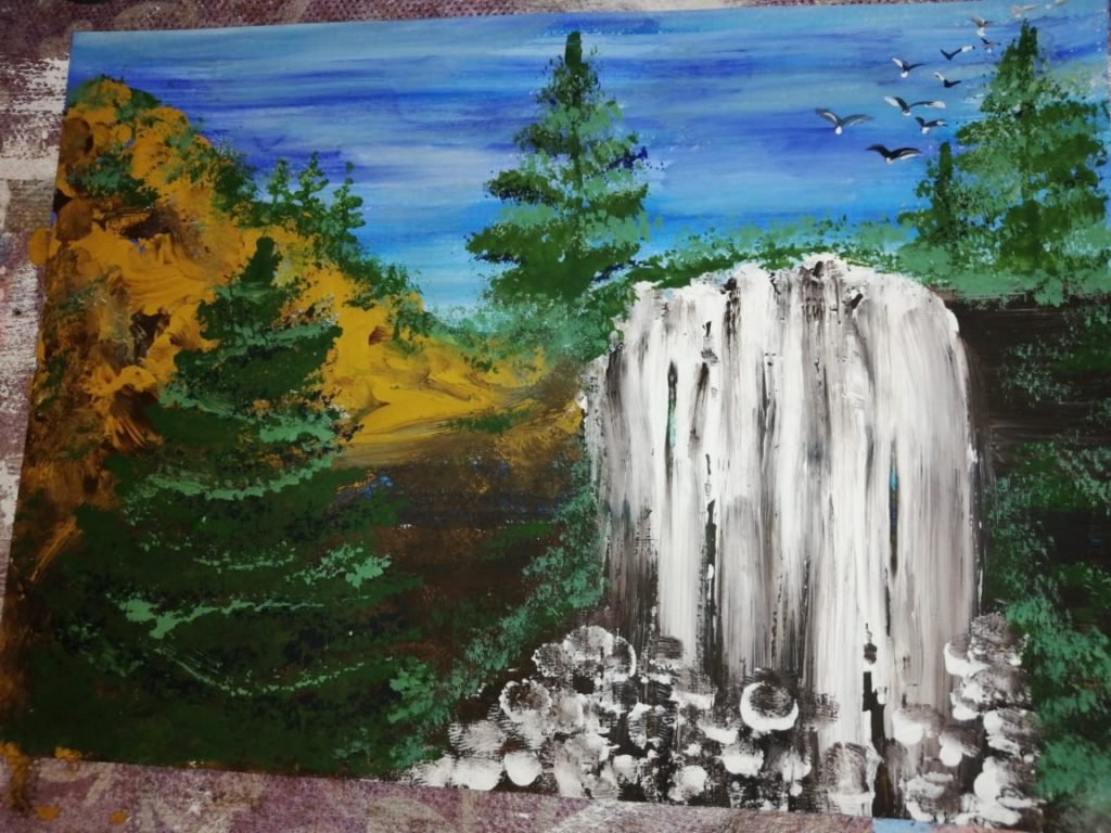 Правополушарное рисование водопад в горах