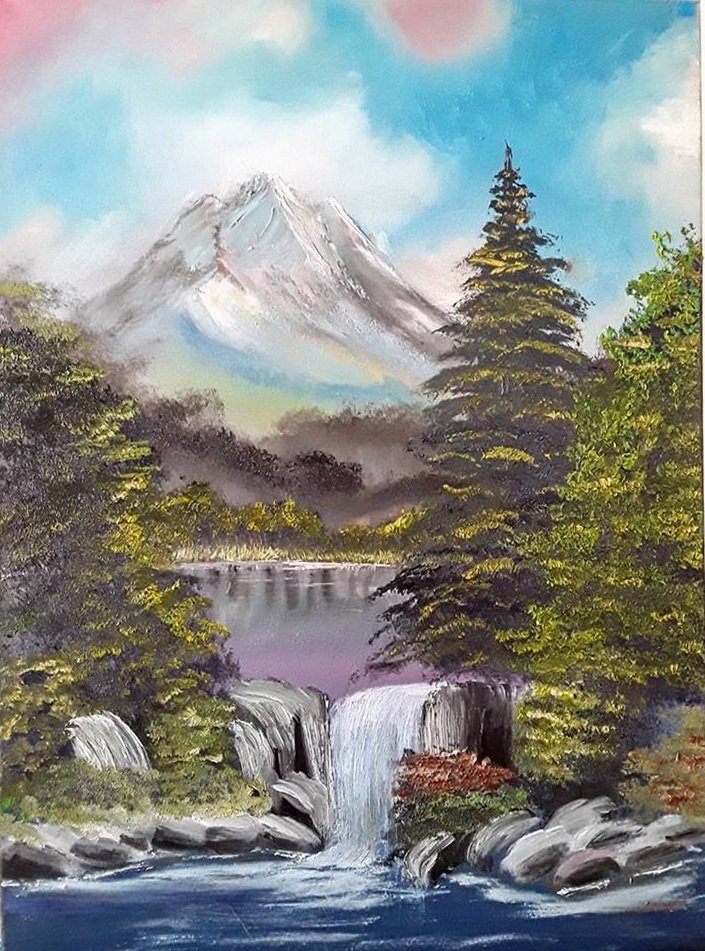 Водопад живопись горы гуашью
