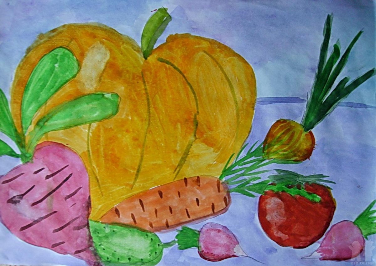 Натюрморт с фруктами и овощами для детей