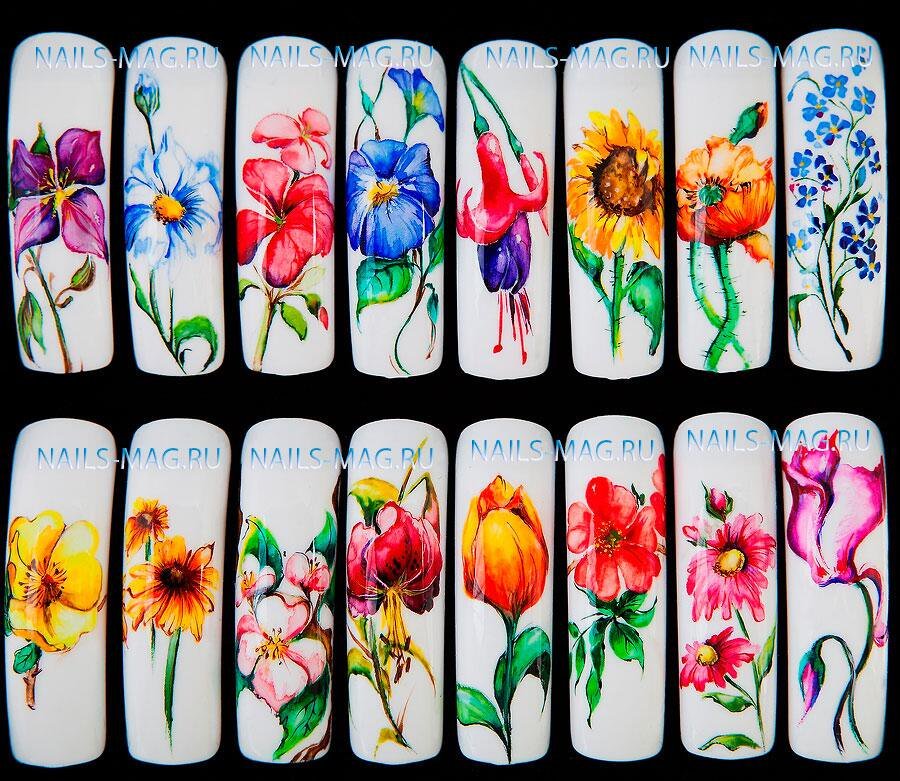 Цветы на ногтях акриловыми красками