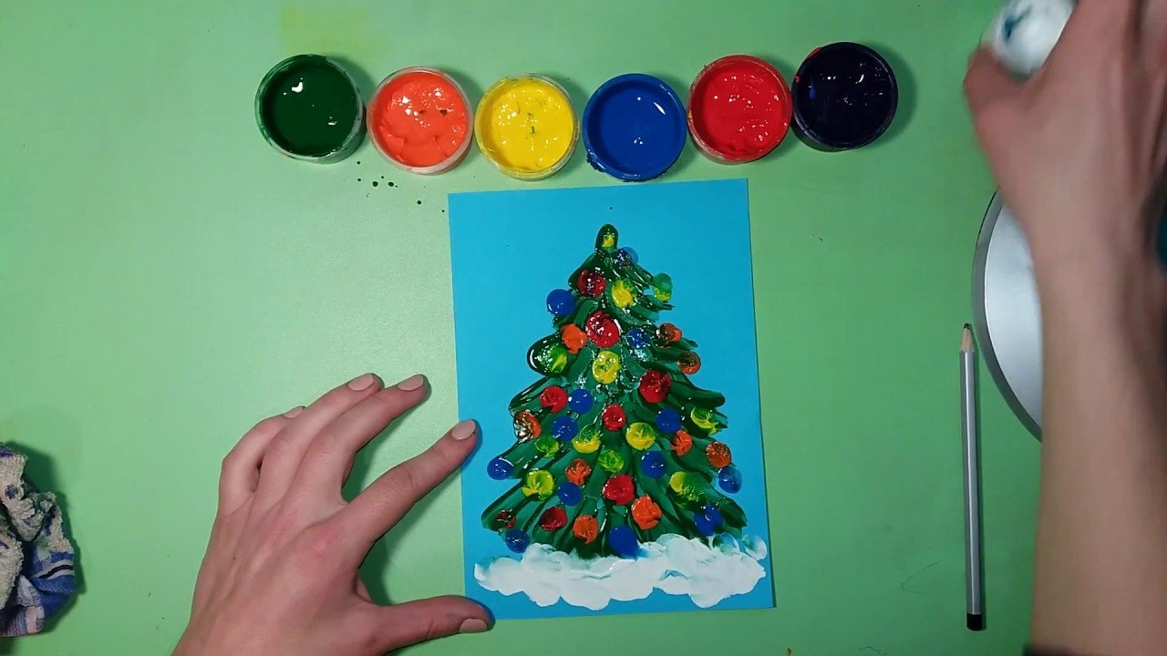 Рисуем новогоднюю елку поэтапно для детей красками