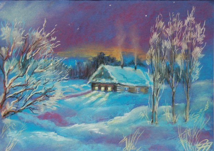 Зимний пейзаж масляной пастелью