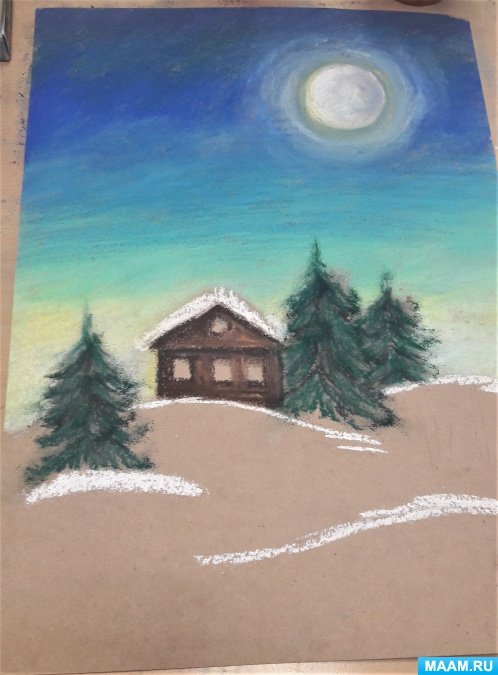 Рисование пастелью для детей зима