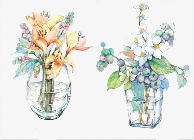 Стеклянная ваза с цветами акварелью