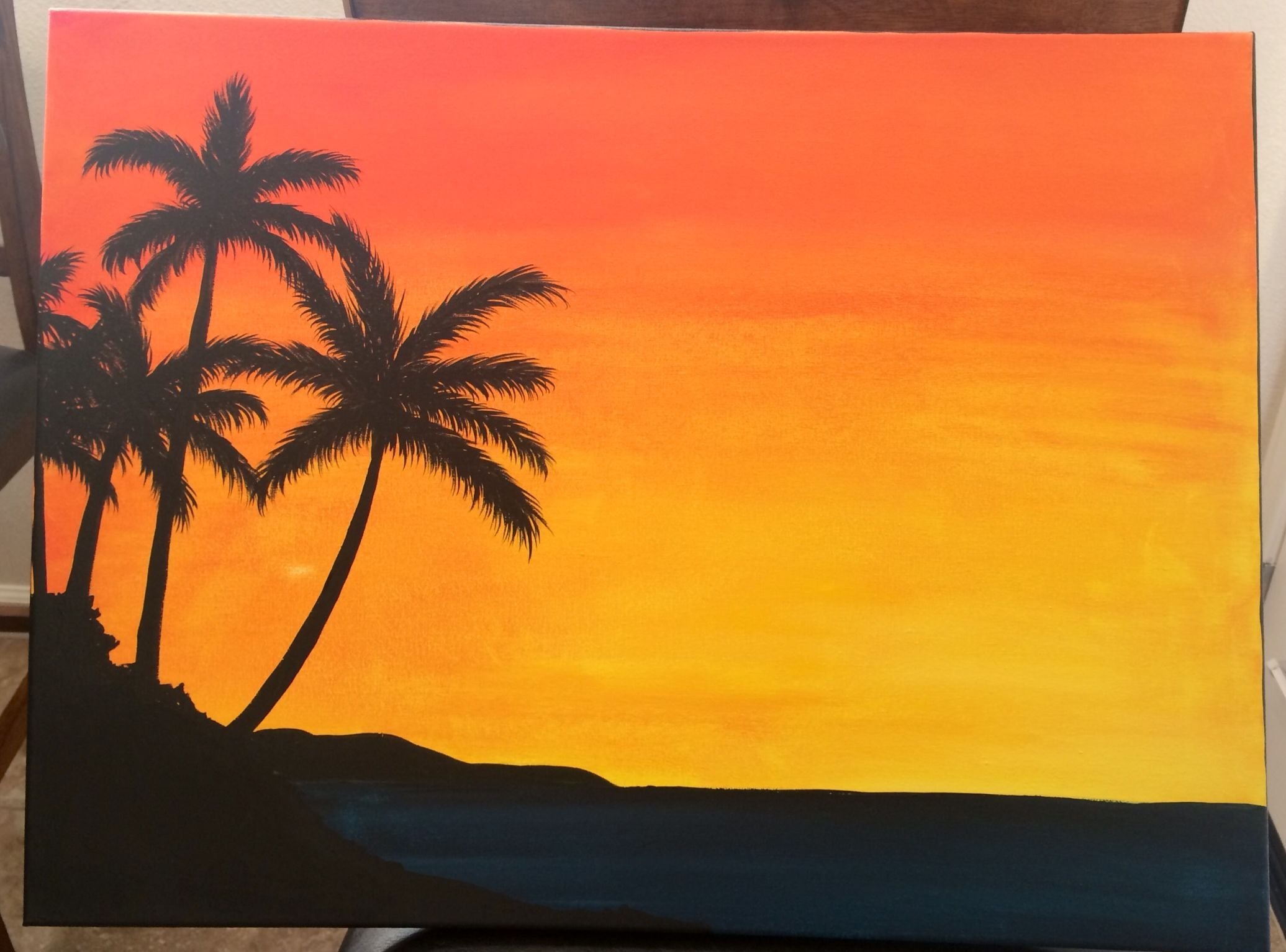 Рисование акварель Пальма на закате