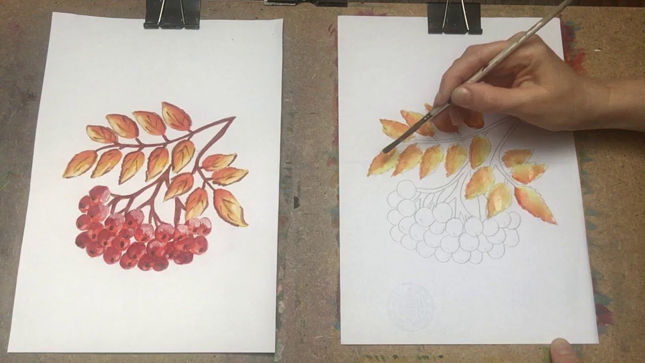 Штампинг рисование листьями рябина