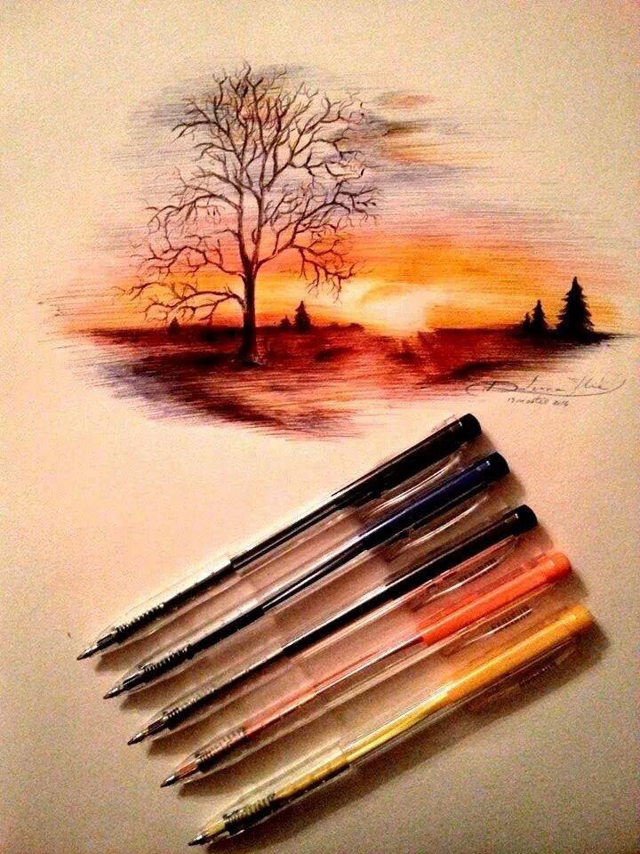 Пейзаж цветными карандашами