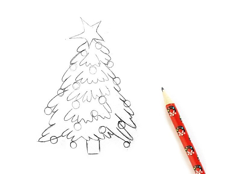 Новогодняя елка рисунок цветными карандашами