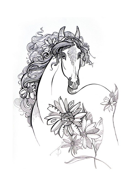 Эскиз лошадь с цветами