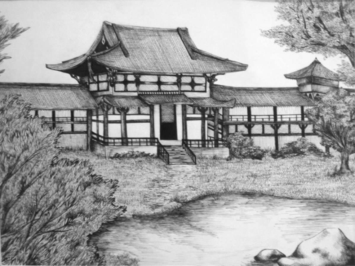 Японский домик карандашом