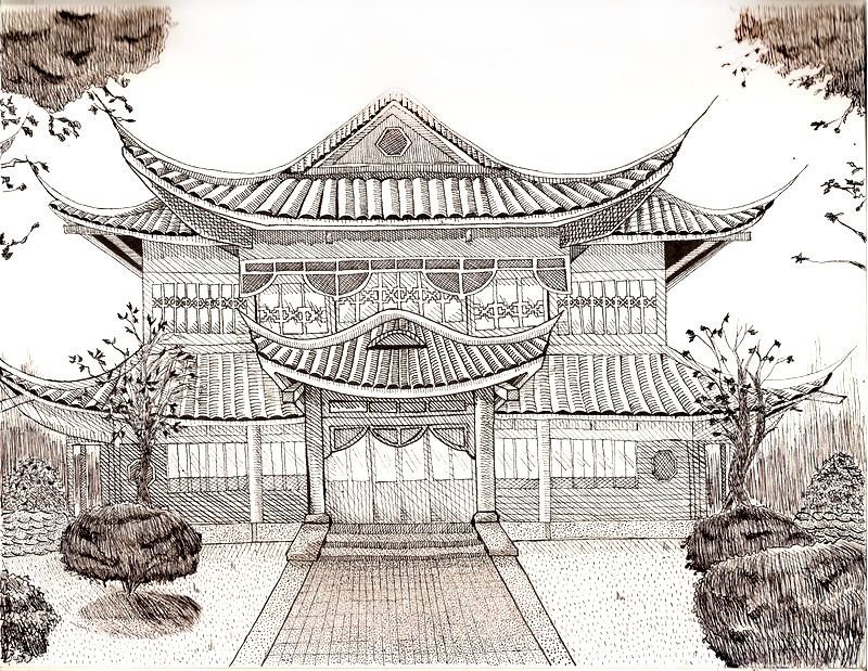 Храм Хорюдзи Япония срисовка