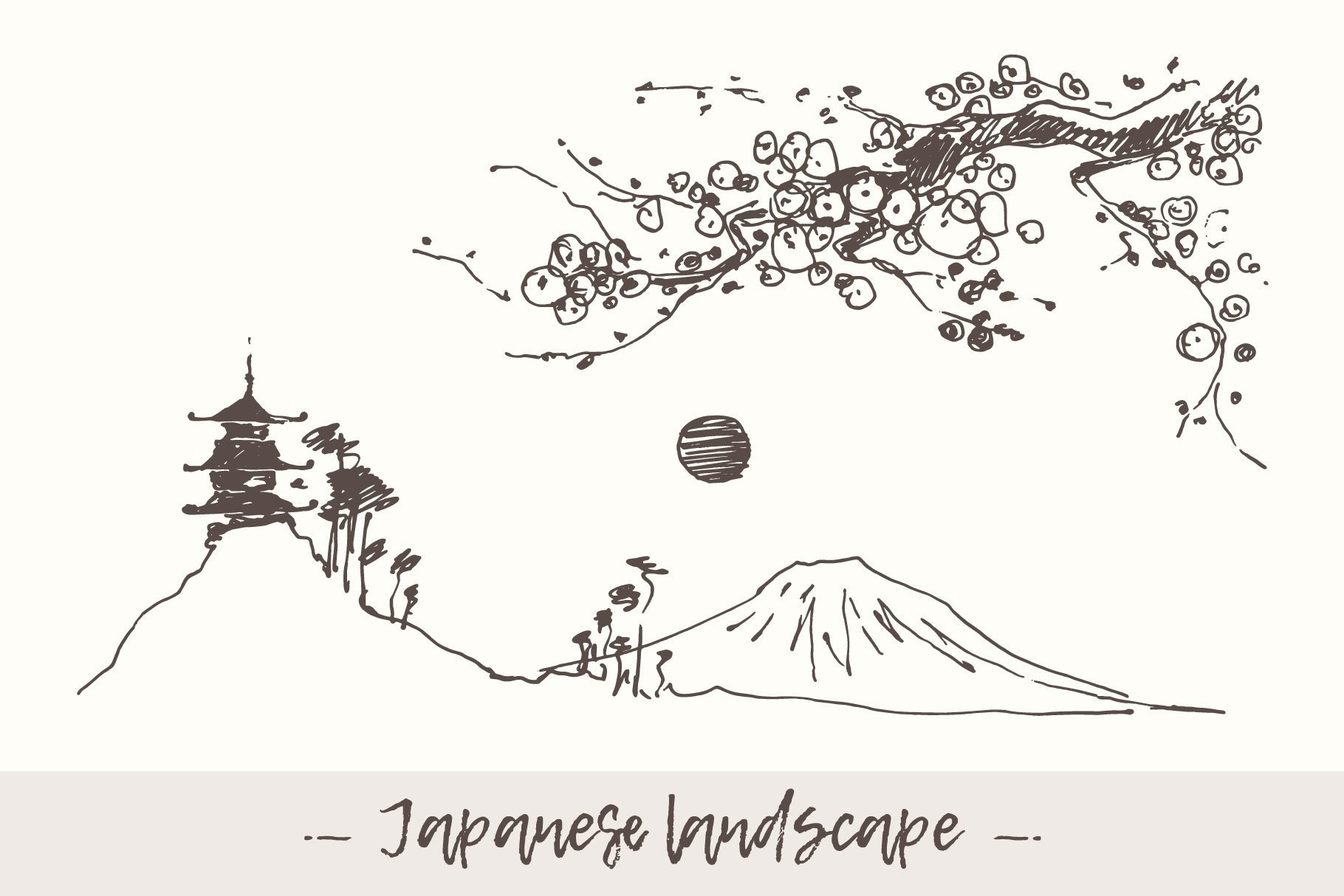Векторные пейзажи в японском стиле чб