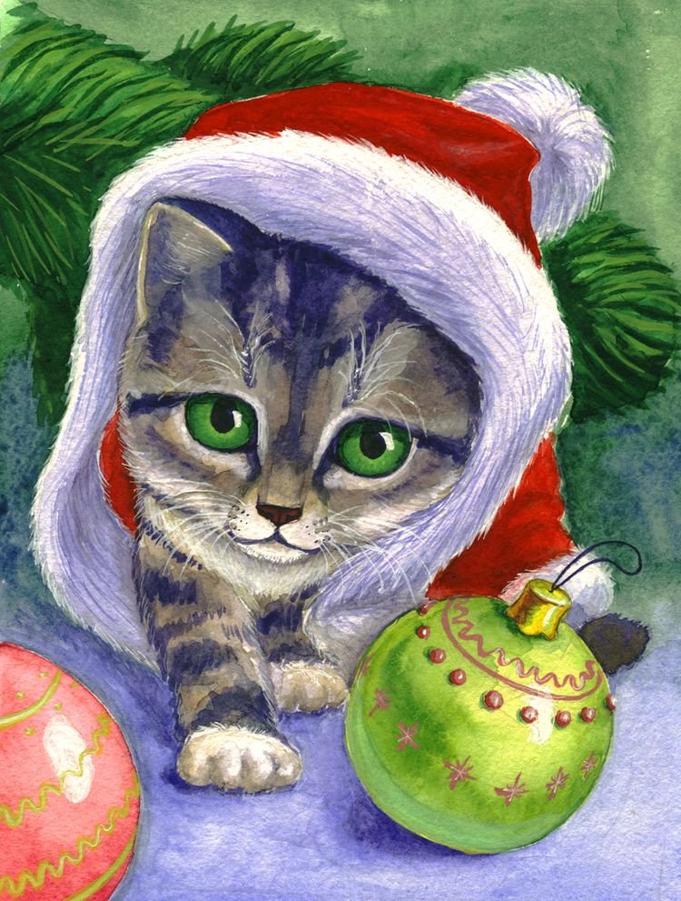 Кот в новогодней шапочке арт