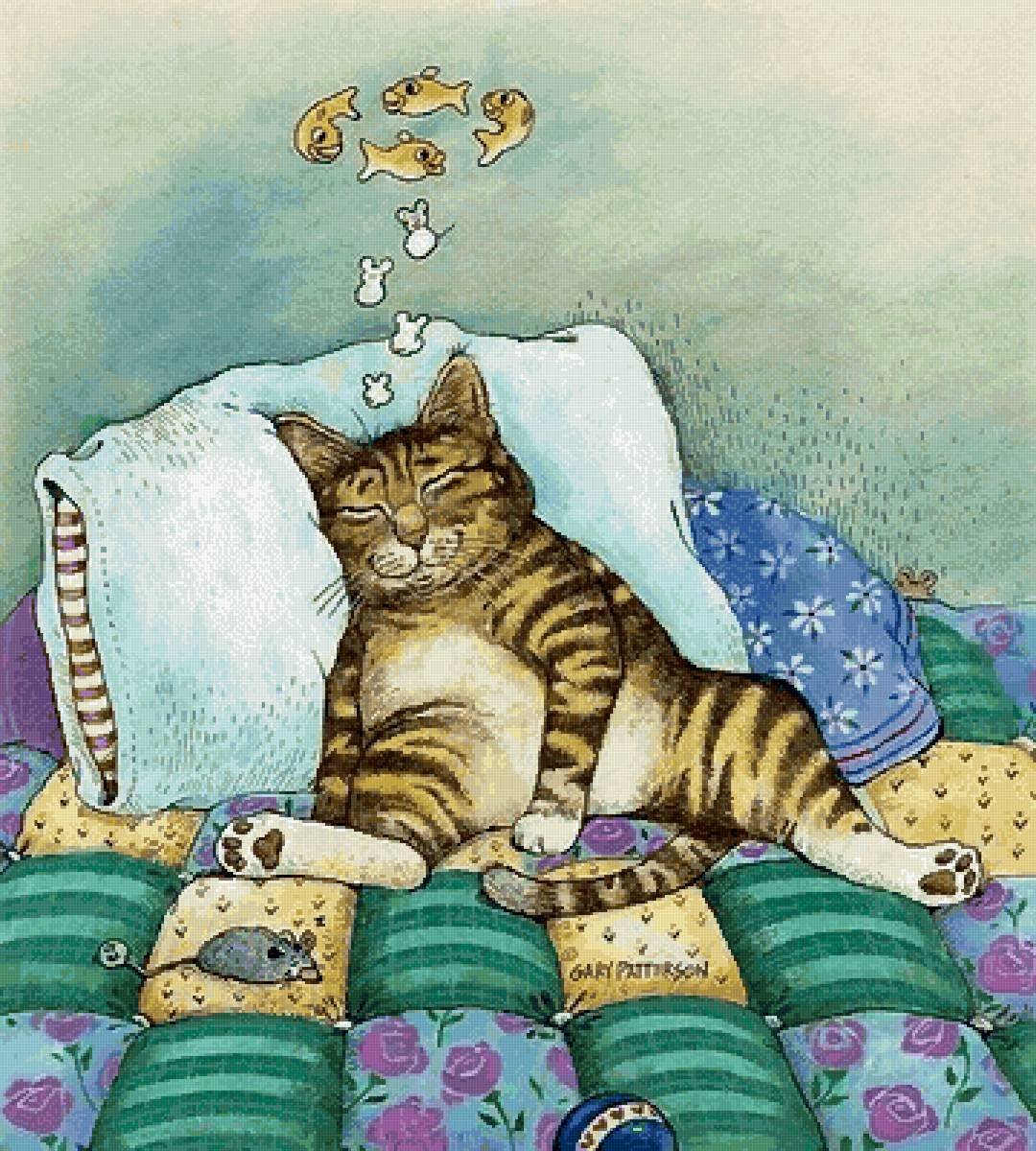 Рисунок кот на кровати