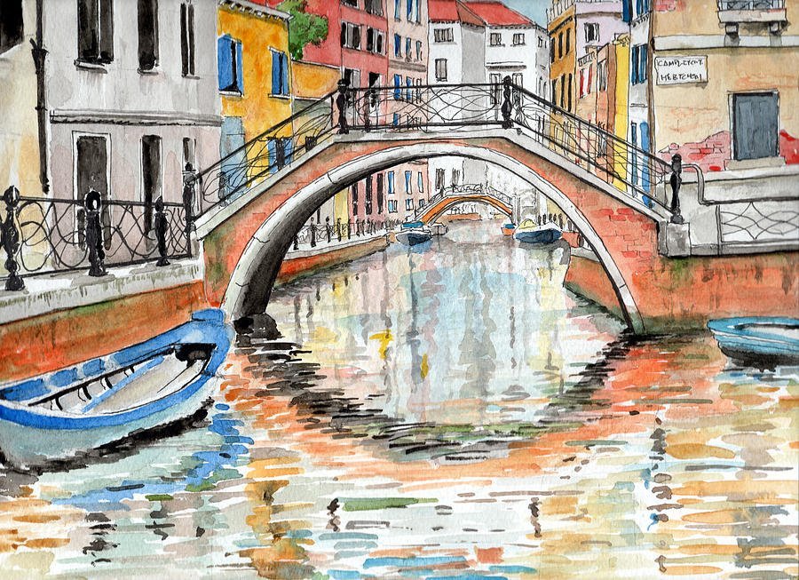 Венеция мост гондола акварель