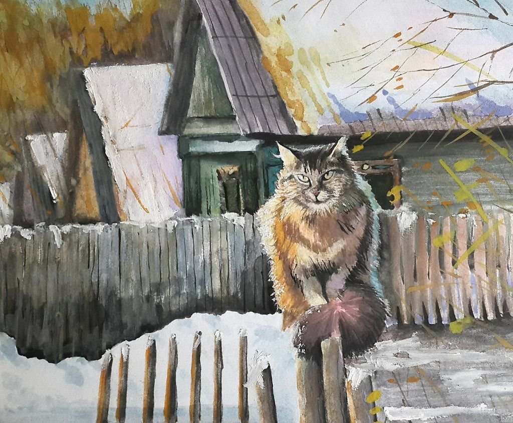 Кот в деревне живопись