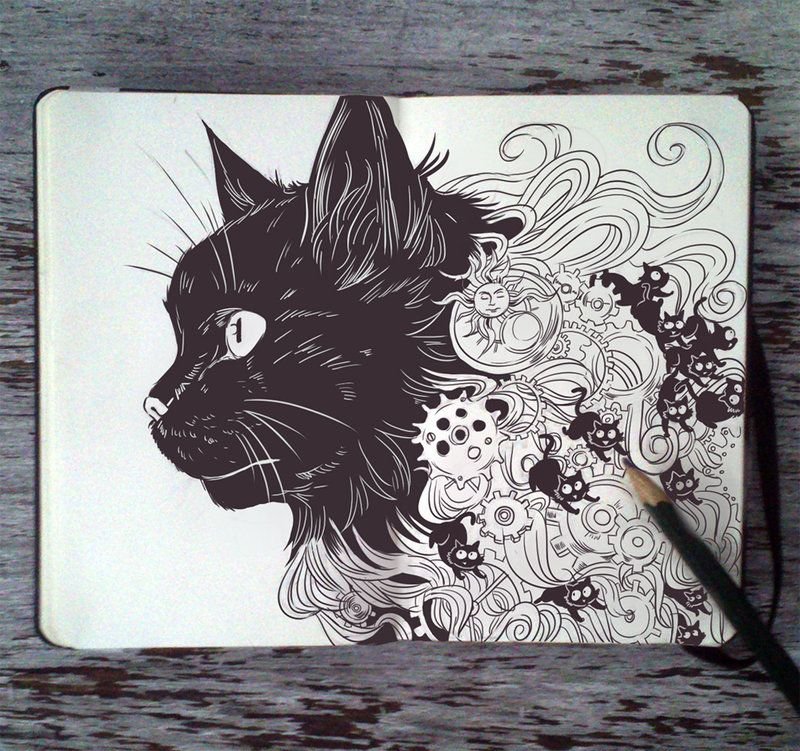 Кот черной гелевой ручкой