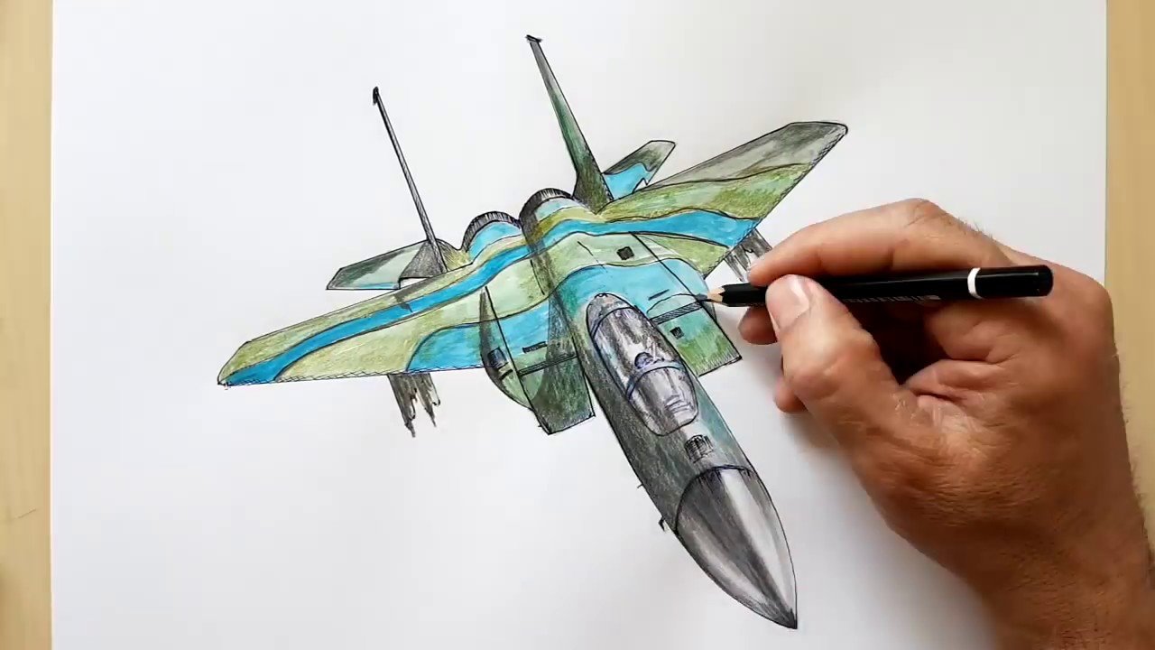 Самолет цветными карандашами