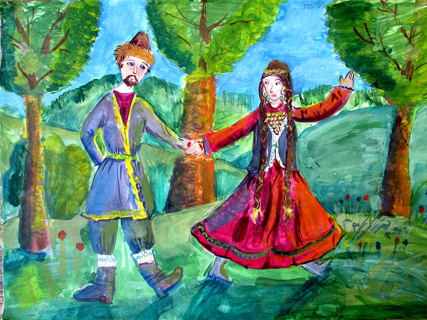 Девочка в башкирском национальном костюме рисование