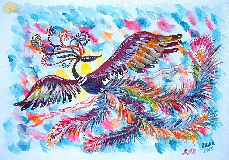 Сказочная птица гуашью