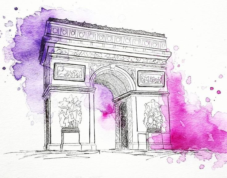 Триумфальная арка Париж акварель