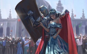 рыцарь защищает принцессу щитом